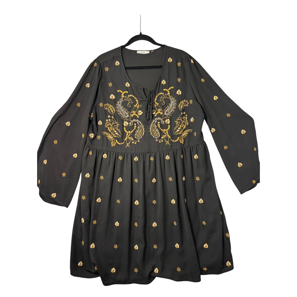 Dex Womens Black‎ Gold Embroidered Paisley Tassel Tie Babydoll Dress Long Sleeve